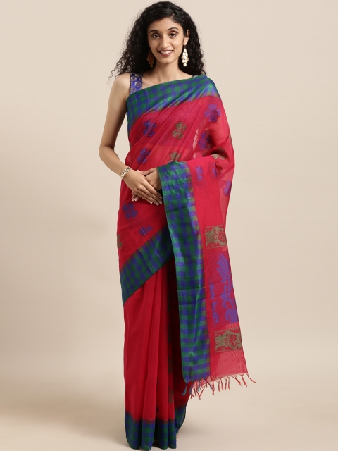 

The Chennai Silks Coral & Teal Silk Cotton Woven Design Maheshwari Saree