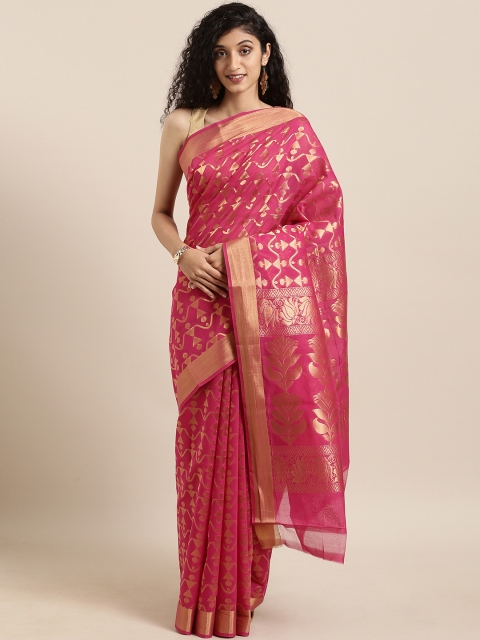 

The Chennai Silks Classicate Pink & Gold-Toned Silk Cotton Woven Design Maheshwari Saree