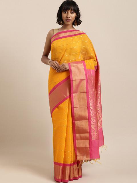 

The Chennai Silks Classicate Orange & Pink Silk Cotton Checked Maheshwari Saree
