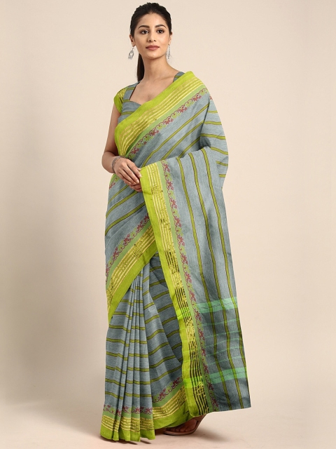 

The Chennai Silks Classicate Grey & Green Pure Cotton Striped Chettinad Saree