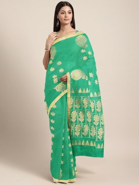 

The Chennai Silks Classicate Green & Gold-Toned Silk Cotton Woven Design Maheshwari Saree