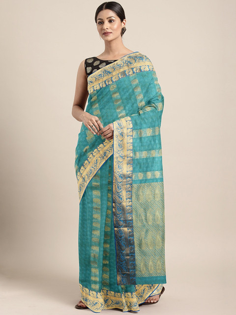 

The Chennai Silks Classicate Blue & Gold-Toned Silk Cotton Striped Maheshwari Saree