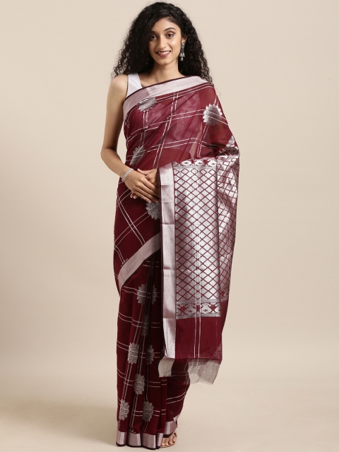 

The Chennai Silks Maroon & Silver-Toned Silk Cotton Woven Design Maheshwari Saree
