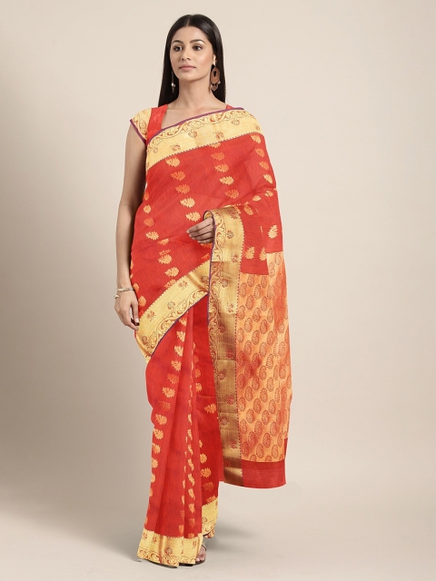 

The Chennai Silks Red & Gold-Toned Silk Cotton Woven Design Maheshwari Saree