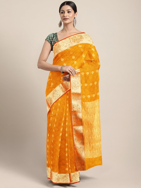 

The Chennai Silks Orange & Gold-Toned Silk Cotton Woven Design Maheshwari Saree