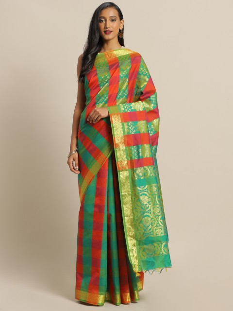 

The Chennai Silks Green & Red Silk Cotton Checked Maheshwari Saree