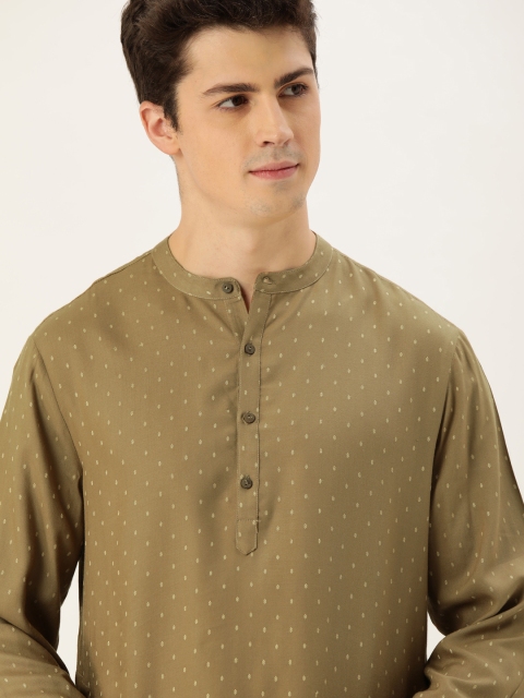 Men Olive Green & White Printed Kurta with Trousers