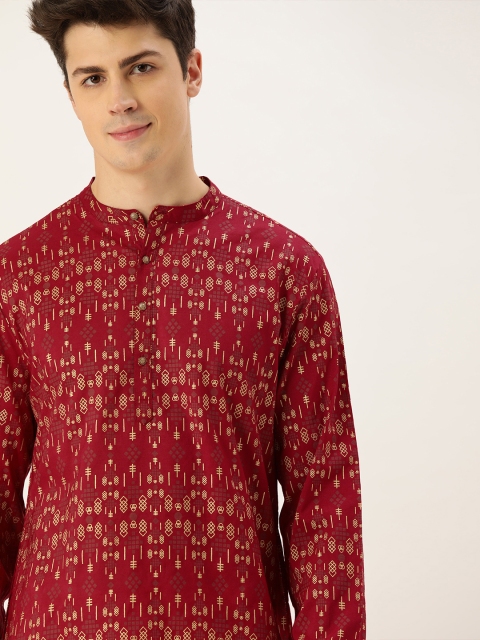 

House of Pataudi Men Red & Cream-Coloured Printed Straight Kurta