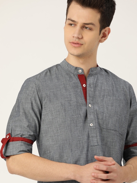 

House of Pataudi Men Grey Pure Cotton Solid Straight Kurta