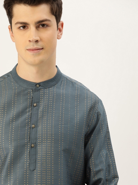 

House of Pataudi Men Grey & Beige Striped Straight Kurta