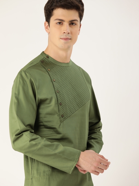 Men Olive Green Solid Straight Kurta With Pleats
