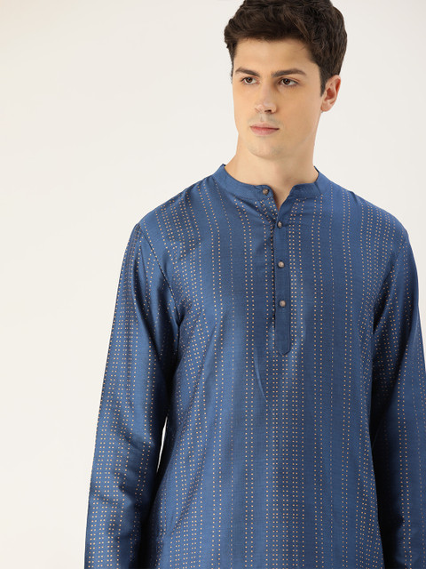 

House of Pataudi Men Blue & Beige Striped Straight Kurta