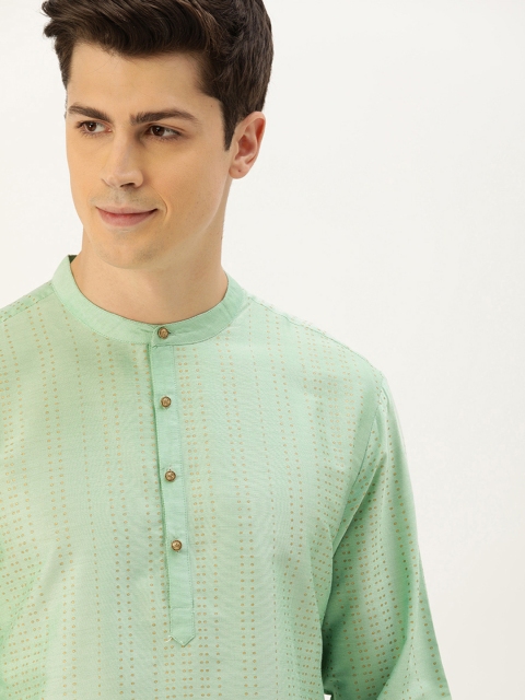 

House of Pataudi Men Green & Beige Striped Straight Kurta