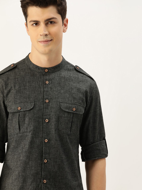 

House of Pataudi Men Charcoal Grey Regular Fit Self Design Casual Shirt with Shoulder Tabs