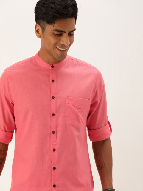 

House of Pataudi Men Coral Pink Regular Fit Solid Casual Shirt