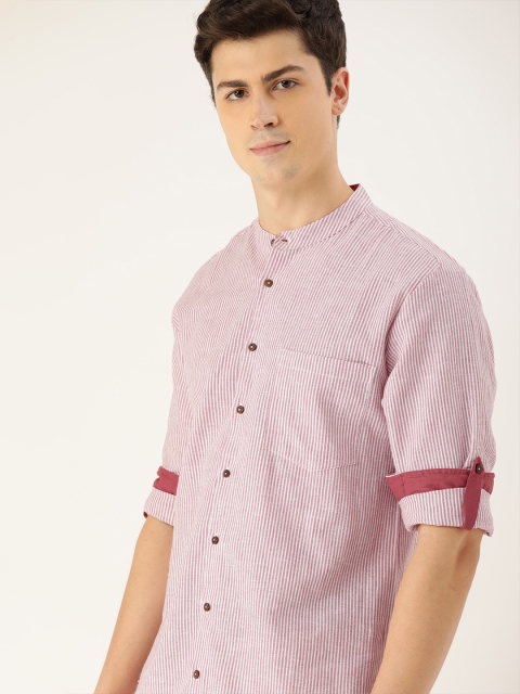 

House of Pataudi Men Pink & White Regular Fit Striped Casual Shirt