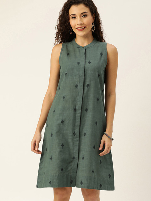 

House of Pataudi Women Grey with tinge of Green Self Design A-Line Dress