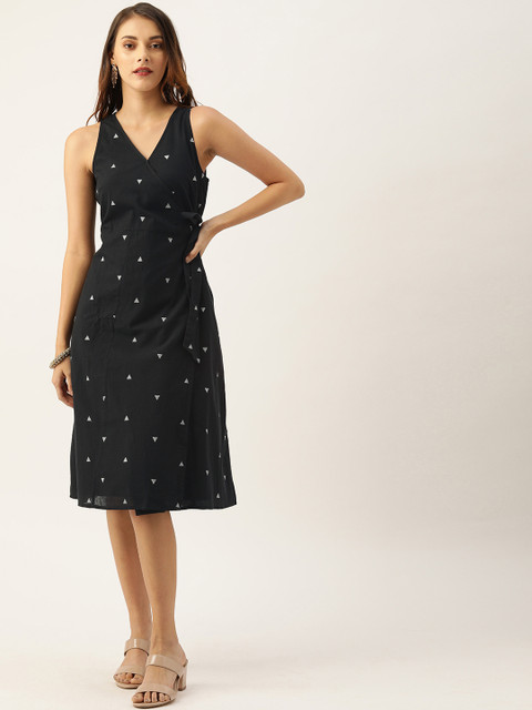 

House of Pataudi Women Black & White Embroidered Wrap Dress