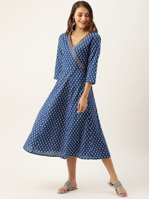 

House of Pataudi Women Blue & White Printed Wrap Dress
