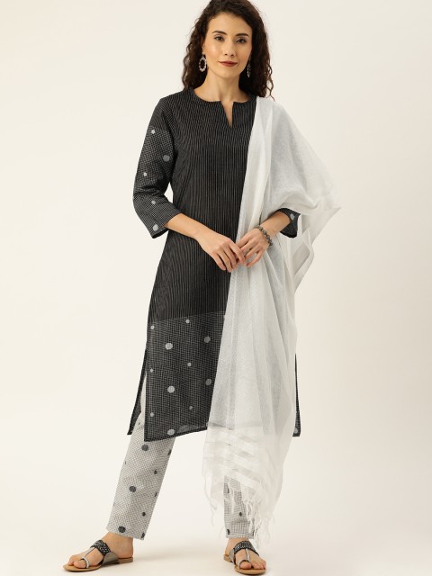 

House of Pataudi Women Black & White Striped Kurta with Trousers & Dupatta