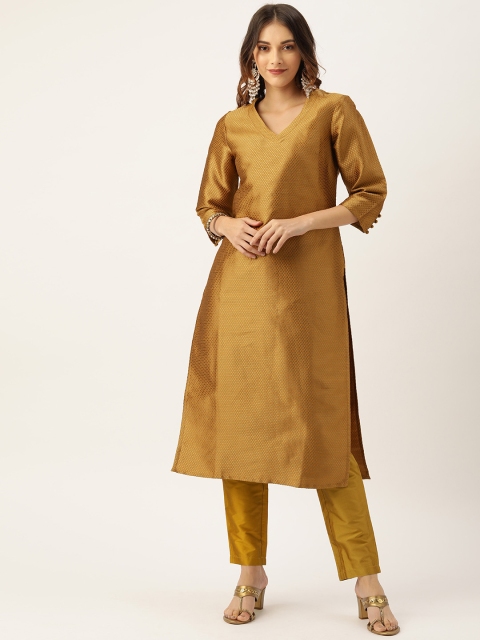 

House of Pataudi Women Mustard Yellow Self Design Kurta with Trousers