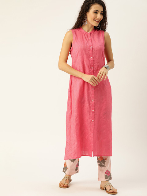 

House of Pataudi Women Pink Self Design Kurta with Printed Trousers