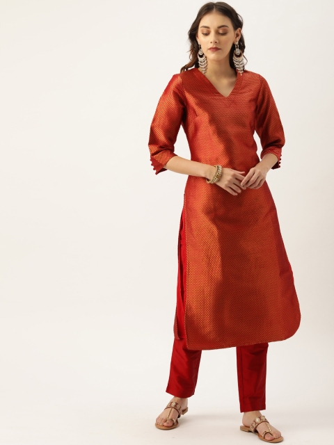 

House of Pataudi Women Red Self Design Kurta with Trousers
