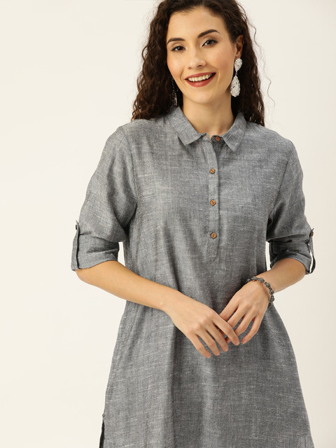 

House of Pataudi Women Grey Solid Kurta with Churidar