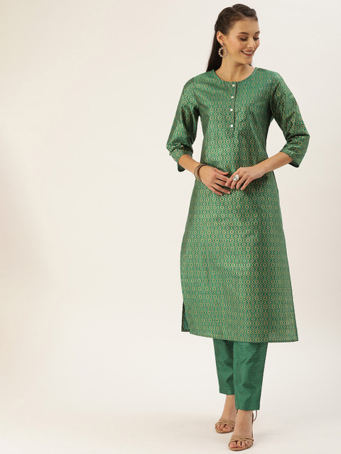 

House of Pataudi Women Green & Gold-Toned Foil Printed Kurta with Trousers