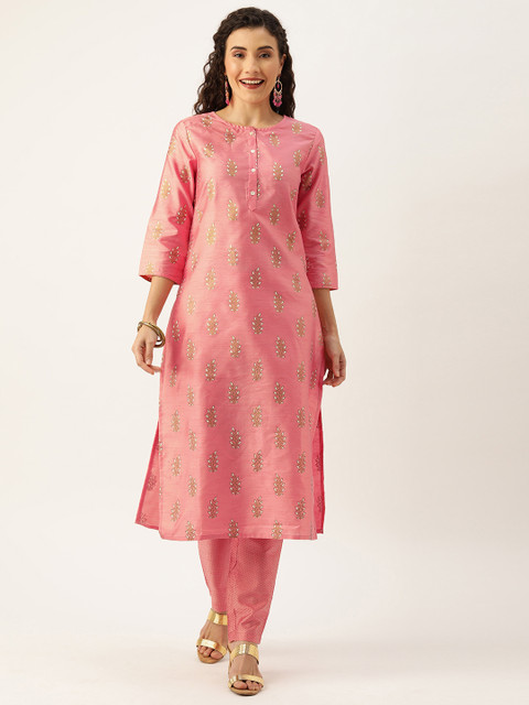 

House of Pataudi Women Pink & Green Printed Kurta with Trousers