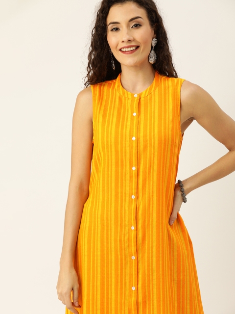 

House of Pataudi Women Mustard Yellow & Grey Striped Kurta with Trousers