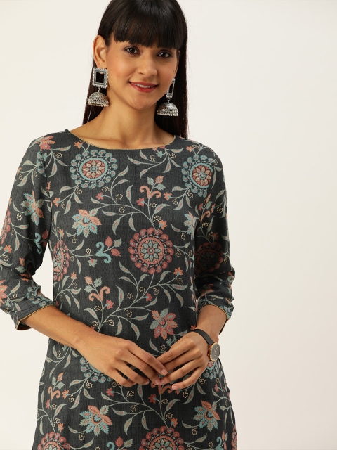 

House of Pataudi Women Charcoal Grey & Blue Floral Printed Straight Kurta
