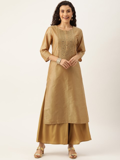 

House of Pataudi Women Camel Brown & Beige Embroidered Straight Kurta