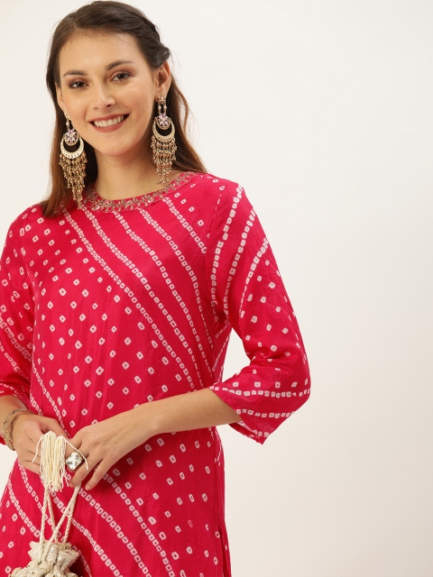 

House of Pataudi Women Pink & White Bandhani Printed Straight Kurta With Crushed Effect