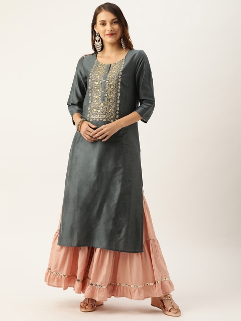 

House of Pataudi Women Grey & Gold-Toned Embroidered Straight Kurta