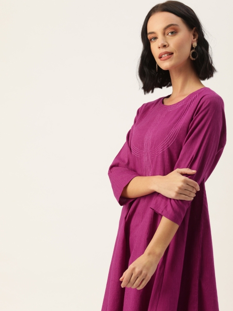 

House of Pataudi Women Purple Embroidered A-Line Kurta