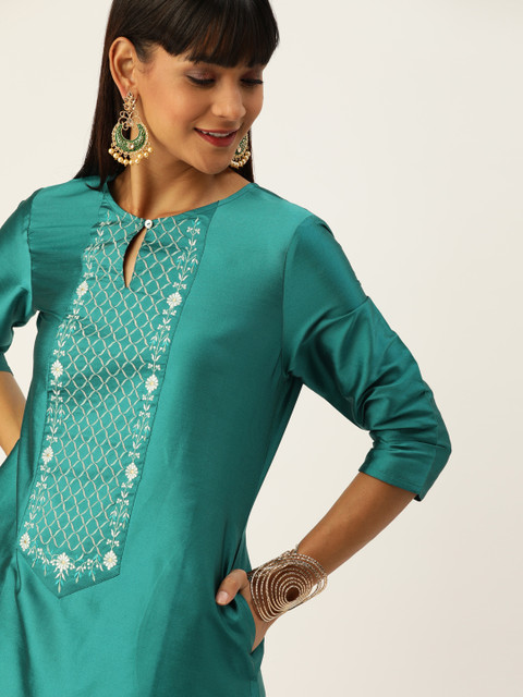 

House of Pataudi Women Teal Green Embroidered Straight Kurta