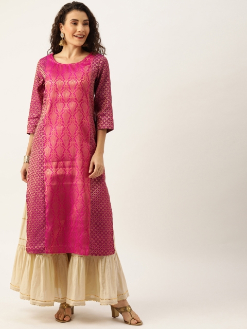 

House of Pataudi Women Pink & Gold-Coloured Woven Design Straight Kurta