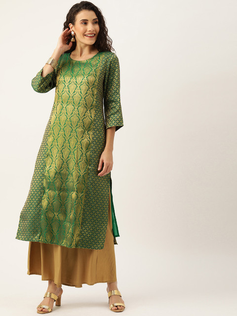 

House of Pataudi Women Green & Gold-Coloured Woven Design Straight Kurta