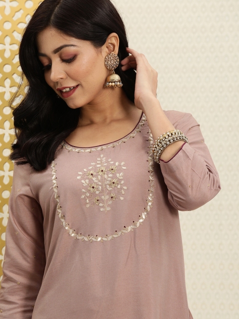 

House of Pataudi Women Mauve Gotta Patti Yoke Design A-Line Kurta