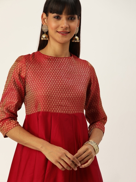 

House of Pataudi Women Red & Gold-Coloured Woven Design A-Line Kurta