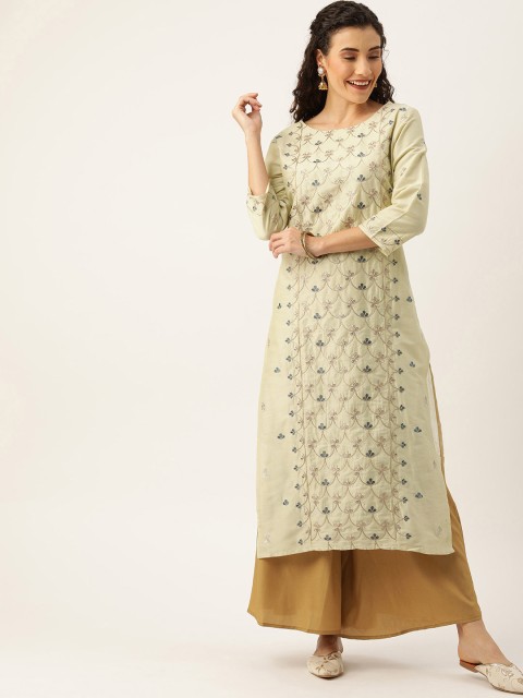 

House of Pataudi Women Off White & Gold-Toned Embroidered Straight Kurta