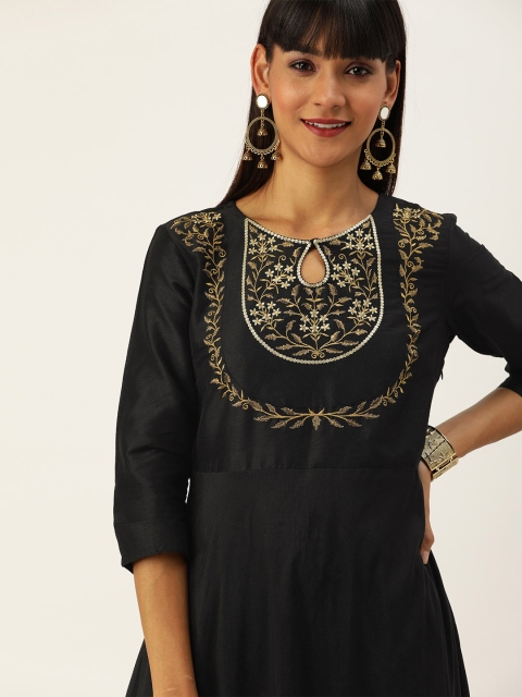 

House of Pataudi Women Black Embroidered A-Line Kurta