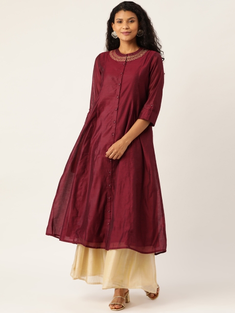 

House of Pataudi Women Burgundy Embroidered A-Line Kurta