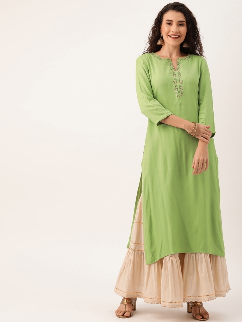 

House of Pataudi Women Green Solid Straight Kurta with Embroidered Detail