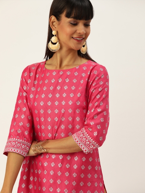 

House of Pataudi Women Pink & White Printed Straight Kurta