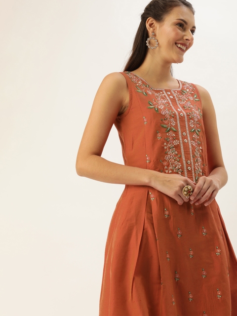 

House of Pataudi Women Rust Orange & Green Floral Embroidered A-Line Kurta