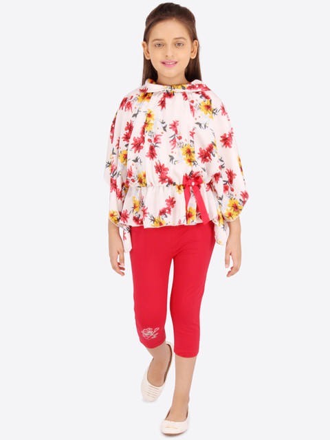 

CUTECUMBER Girls Red & White Floral Printed Top with Capris