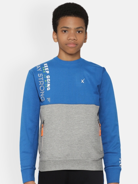 

HRX by Hrithik Roshan Boys Blue & Grey Melange Colourblock Regular Fit Bio-Wash Sweatshirt