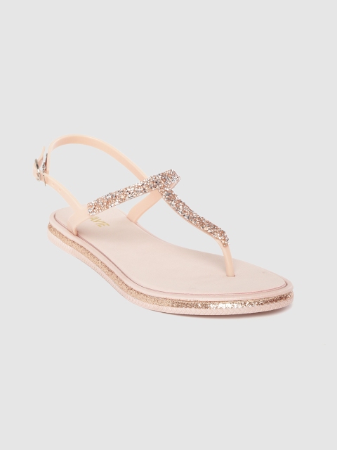 

Lavie Women Rose Gold-Toned & Beige Embellished T-Strap Flats